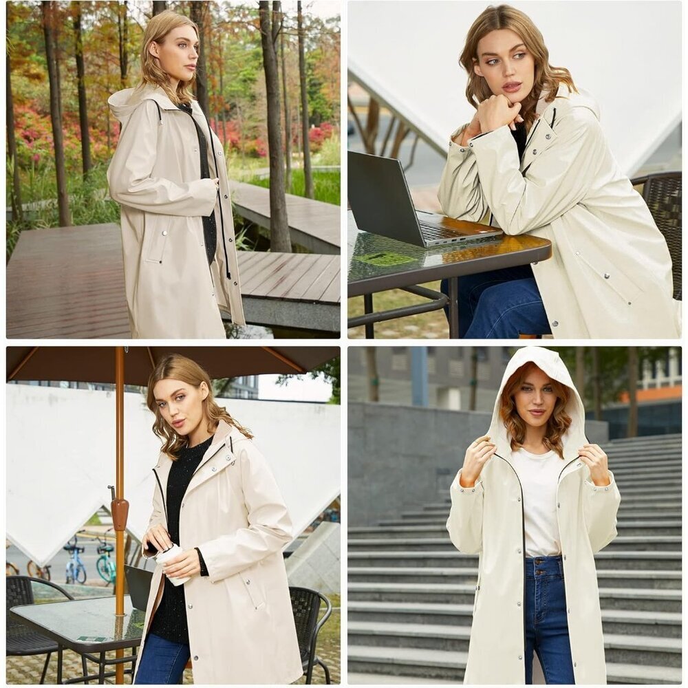 Women’s Beige Waterproof Rain Jackets: Hooded Long Raincoat & Windbreaker - Picture 5 of 6